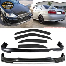 Fit 99-00 Honda Civic 4Dr Jun Front + Rear Bumper Lip Spoiler + Sun Window Visor