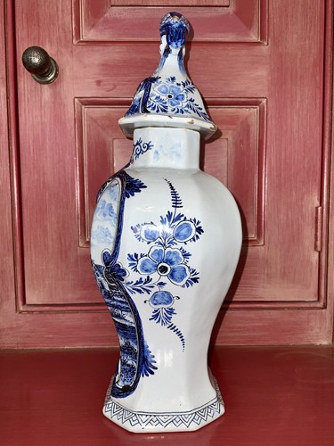 MAKKUM DUTCH DELFT BLUE LIDDED URN C. 1880-1895 Hand Painted Windmill & Heart - Picture 9 of 24