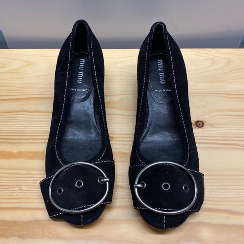 Miu Miu Black Suede Decorative Stitched Silver Hardware 1.5” Heel 35.5 = 5.5 B - Picture 2 of 4