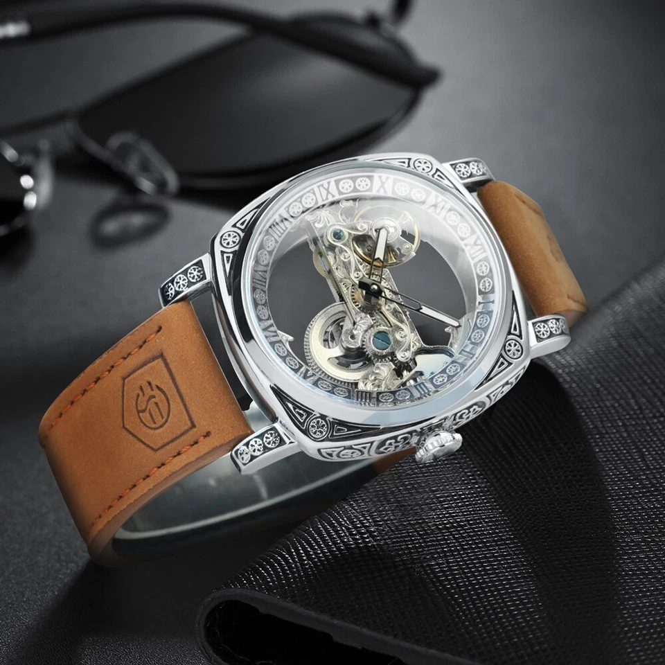 Forsining Men’s Automatic Square Retro Carved Skeleton Luxury Waterproof Watch - Image 2 of 4