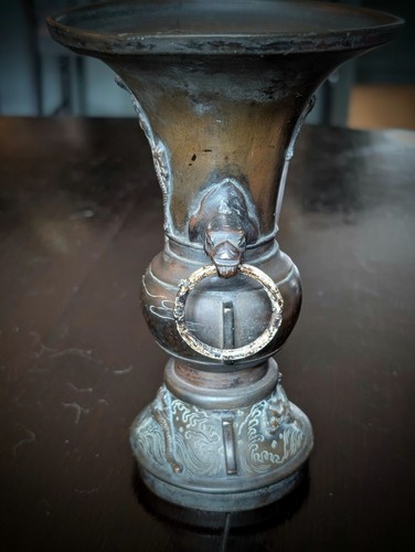 Chinese Foo Dog Themed Bronze Vase Urn - Picture 7 of 11