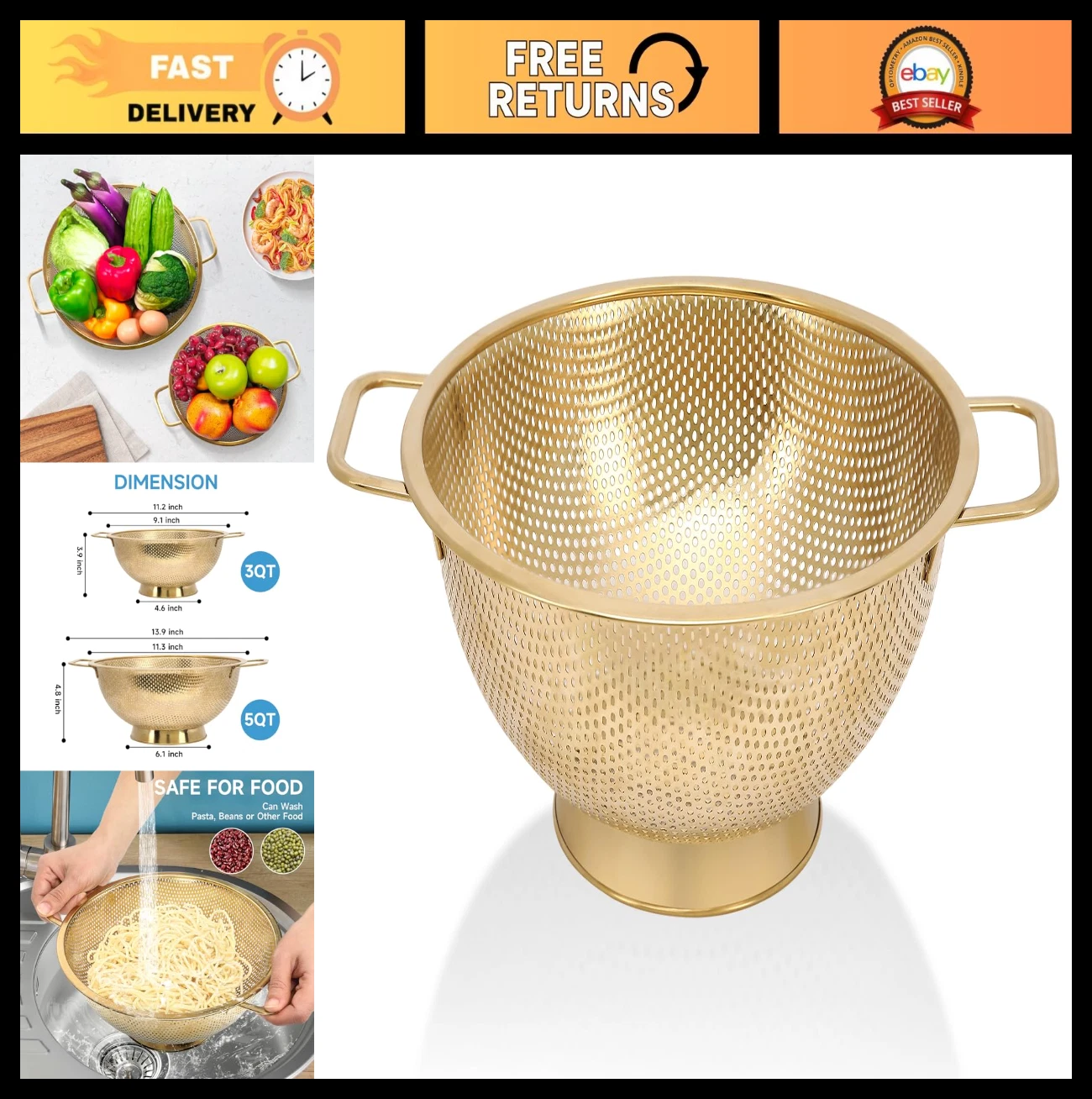 Stainless Steel 3QT Gold Strainer Colander with Handle - Dishwasher Safe Kitchen