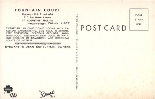 St. Augustine,FL Fountain Court St. Johns County Florida Postcard - Picture 2 of 2