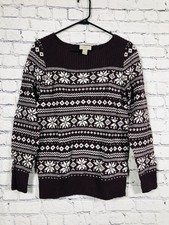 LOFT Women Fair Isle Snowflake Knit Sweater Burgundy White Size M