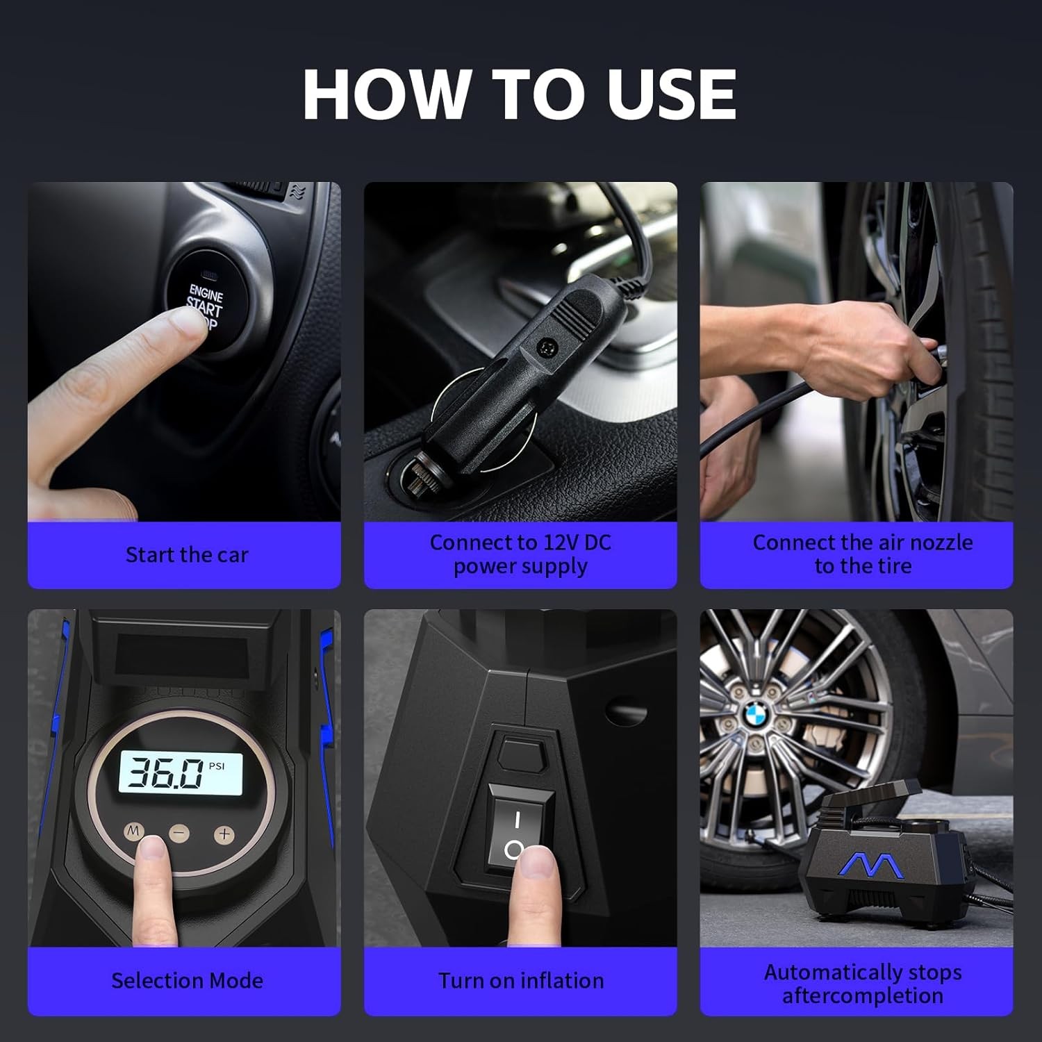 Tire Inflator Portable Air Compressor, DC 12V Air Pump for Car Tires with Digita