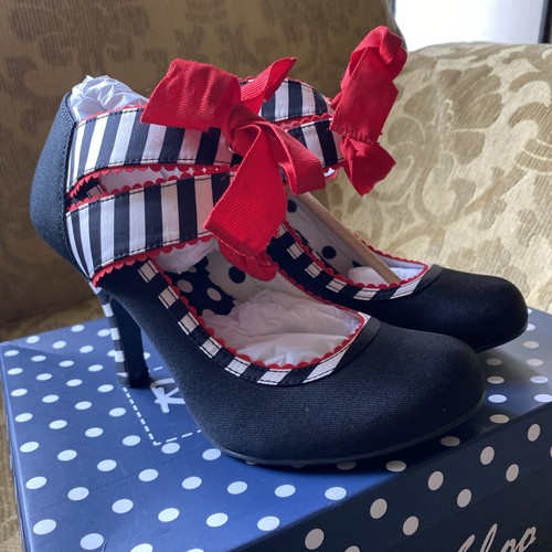 Ruby Shoo Aisha Striped Shoes Black Red White Size 6 Eu 39 New In Box - Picture 2 of 6