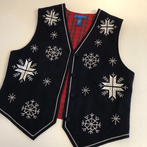 Vintage Karen Scott bestickte Weste mit Knöpfen Gr. M dunkelblau Schneeflocke Urlaub - Bild 1 von 13