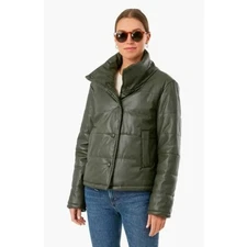 Tuckernuck Pomander Place Puffer Jacket Olive Faux Leather Snap Button Size S