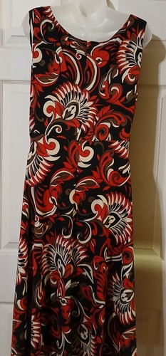 Perceptions 8P Black Red Beige Paisley Floral Black Waistband Sleeveless Dress - Picture 2 of 11