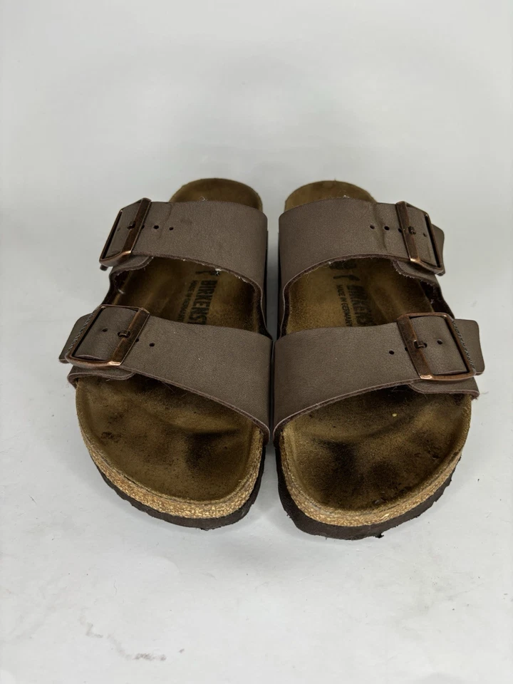 Sandalias Birkenstock Slides Doble Correa Mujer 38 EE. UU. 7 Marrón Cuero Hebilla Foto 2 de 4