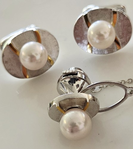 Designer 1960's 18K Gold & Sterling Silver with 8.5mm Pearl Cufflinks & Tie Pin - Picture 3 of 11
