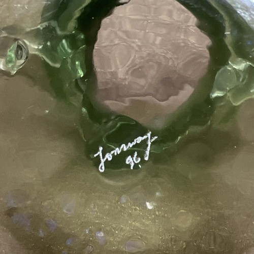 Vtg Brian Lonsway Signed Studio Art Glass Green Vessel Vase 2 Side Handles 7”H - Picture 8 of 12