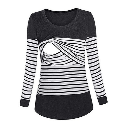 Women's Maternity Shirts Round Neck Long Sleeve Stretchy Nursing Striped ~ - Picture 11 of 12