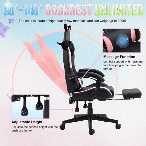 Gaming Stuhl süß mit Katzenohren und Massage Lordosenstütze, ergonomisch - Bild 3 von 19
