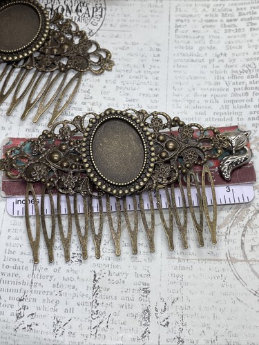 Pair of Bronze Barrette Gothic Hair Comb Cameo Black Cat Kitten Skull Wedding - Picture 9 of 12