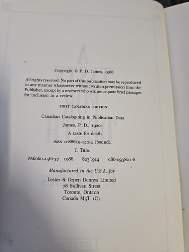 PD James A Taste for Death Canadian 1st edition hardback with dustcover - Picture 8 of 14