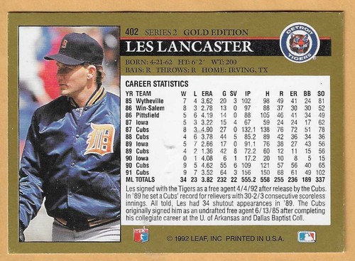 LES LANCASTER DETROIT TIGER #402 sin punto inc - HOJA NEGRA EDICIÓN DORADA CASI NUEVO- COMO NUEVO 1992 - Imagen 2 de 2