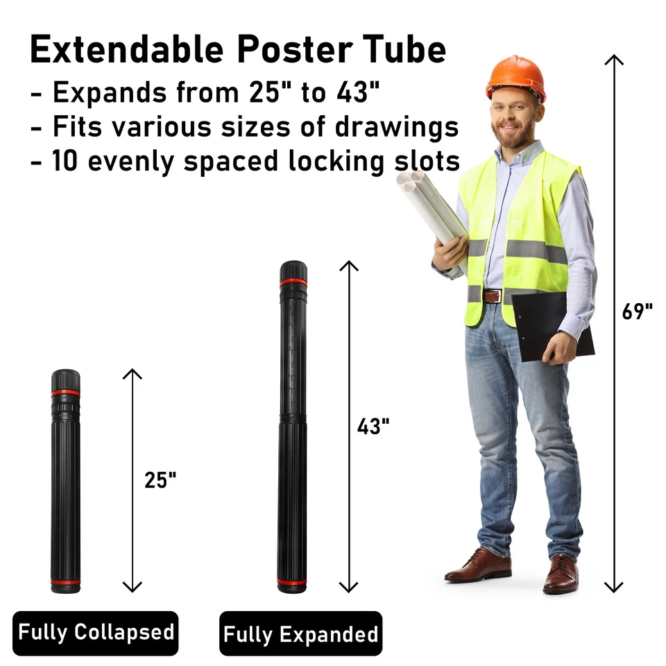 Tubo de póster telescópico impermeable extensible de 25" a 43" para documentos de obras de arte  Foto 4 de 4