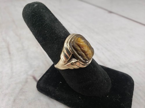 Ring YG Herren Gr. 9,5 4,0 DWT 10k Gelbgold Tigerauge Kamee Ring - Bild 3 von 6