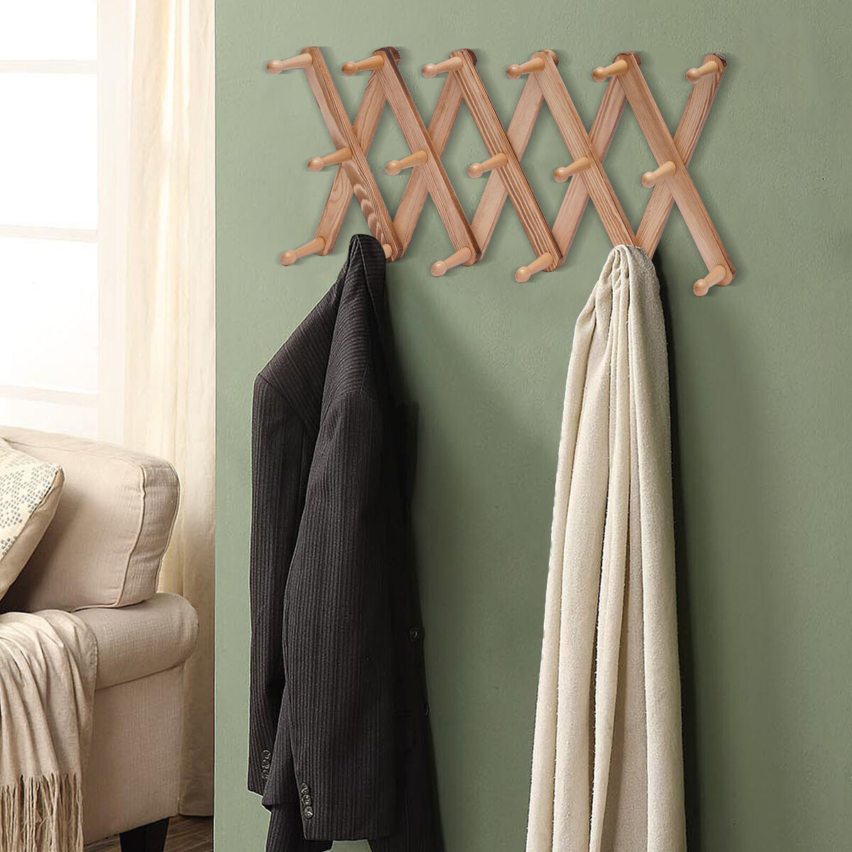 Accordian Wall Mounted Hanger 17 Hooks Wooden Wall Coat Rack