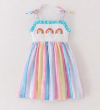 NEW Boutique Rainbow Girls Smocked Embroidered Striped Dress
