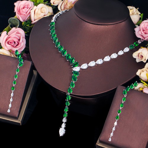 Único Conjunto de Joyería Collar Largo Colgante Pendientes Gota Verde Circonita Circonita para Mujer Boda - Imagen 9 de 17