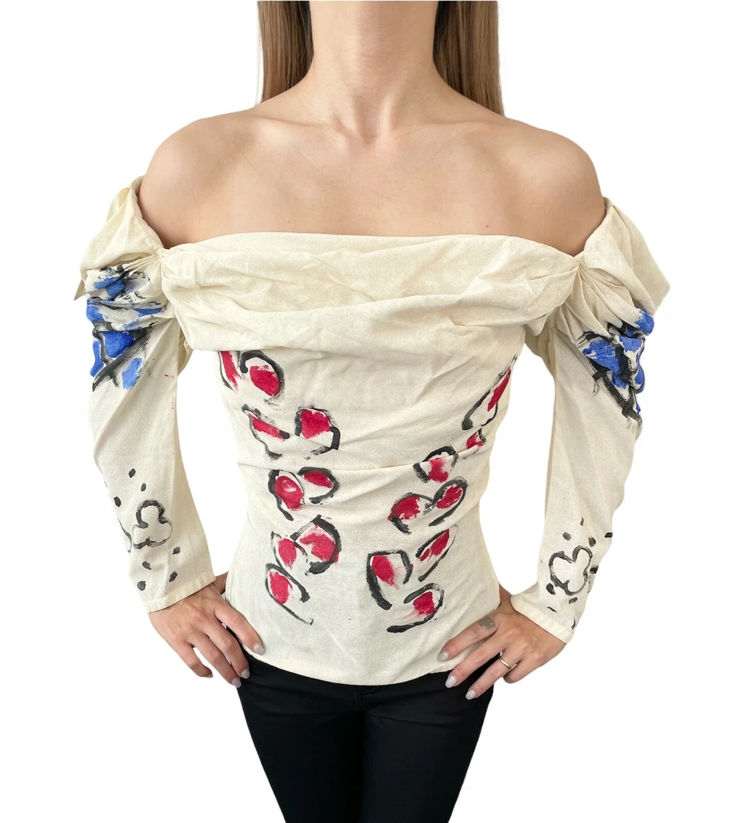 Vivienne Westwood Vintage Corset Top #40 Off-shoulder Silk Ivory Red  RankAB+