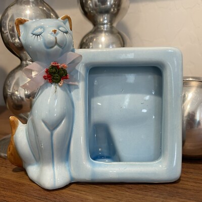 Vintage Blue Ceramic Siamese Cat Photo Frame Emson Taiwan RARE COLOR