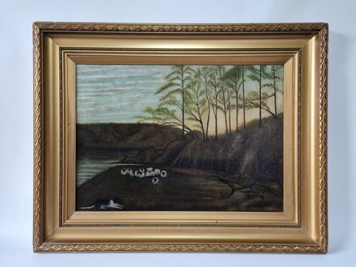 Großes antikes Ölgemälde Abendlandschaft - Schäferhund & Schaf signiert J Booth - Bild 1 von 9