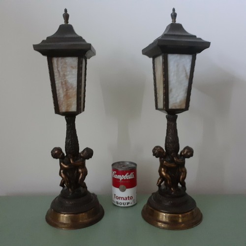 Paar Schlackenglas Cherub Messing und Metall Mantellampen  - Bild 6 von 12