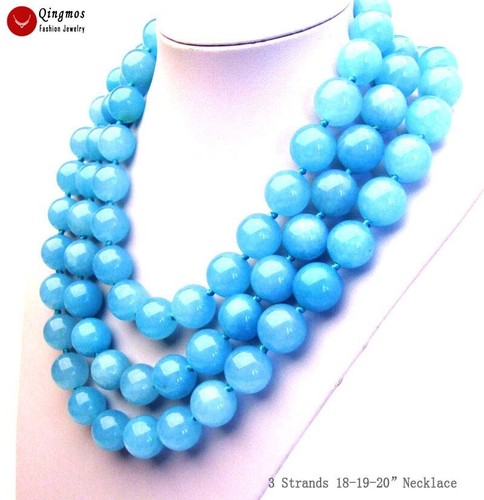 18mm Sky Blue Round Natural Jade Necklace for Women Stone Jewelry 3 Strands 18" - Picture 17 of 21