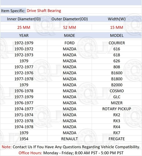 [Qty.1] New Drive Shaft Bearing [25mm Bore] Replacement For 1970-1972 Mazda 616 - Picture 2 of 6