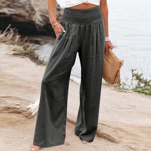 Summer Wide Leg Pants Women Loose Palazzo Pants Pocket Elastic Waist Pants* - Picture 25 of 60