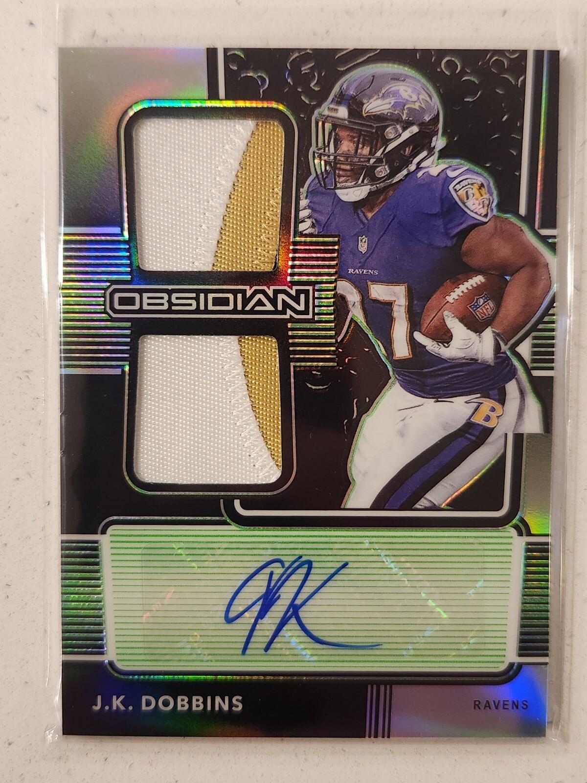 2020 Obsidian Dual Patch RPA /50  Parallel  Dobbins Rookie Auto RC Ravens Green