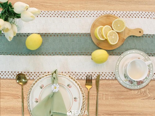 Sage green table runner 72 inches long, fringed farm table runner. - Picture 6 of 7