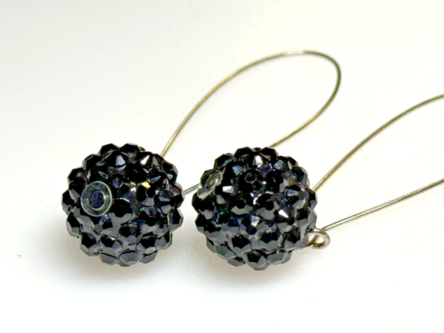 Vintage Earrings Jewellery Dangle Drop Silver Metal Black Crystals Ball - Picture 3 of 5