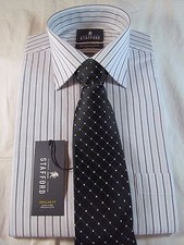 NWT STAFFORD EASY CARE BROADCLOTH DRESS SHIRT  TIE,Blue Stripe w/ Blue Grid Tie