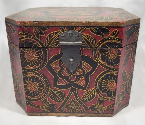Medium Decorative Floral Red Black Gold Pier One Wooden Storage Case Box India - Picture 2 of 5