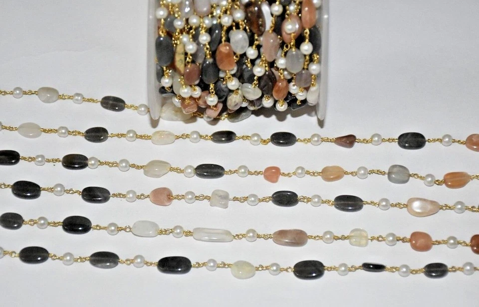 Cadena de rosario para hacer joyas con cuentas a granel, rosario de piedras preciosas ovaladas múltiples, cadena para el cuerpo Foto 3 de 4