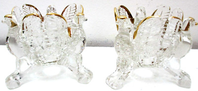 Vintage Pair Glass Candle Holders Winged Birds Flexing Wings Gold Trim 3 Sided 