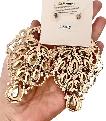 4.5" Long Clear Crystals Statement Filigree Evening Earrings Bridal, Pageant - Picture 2 of 3