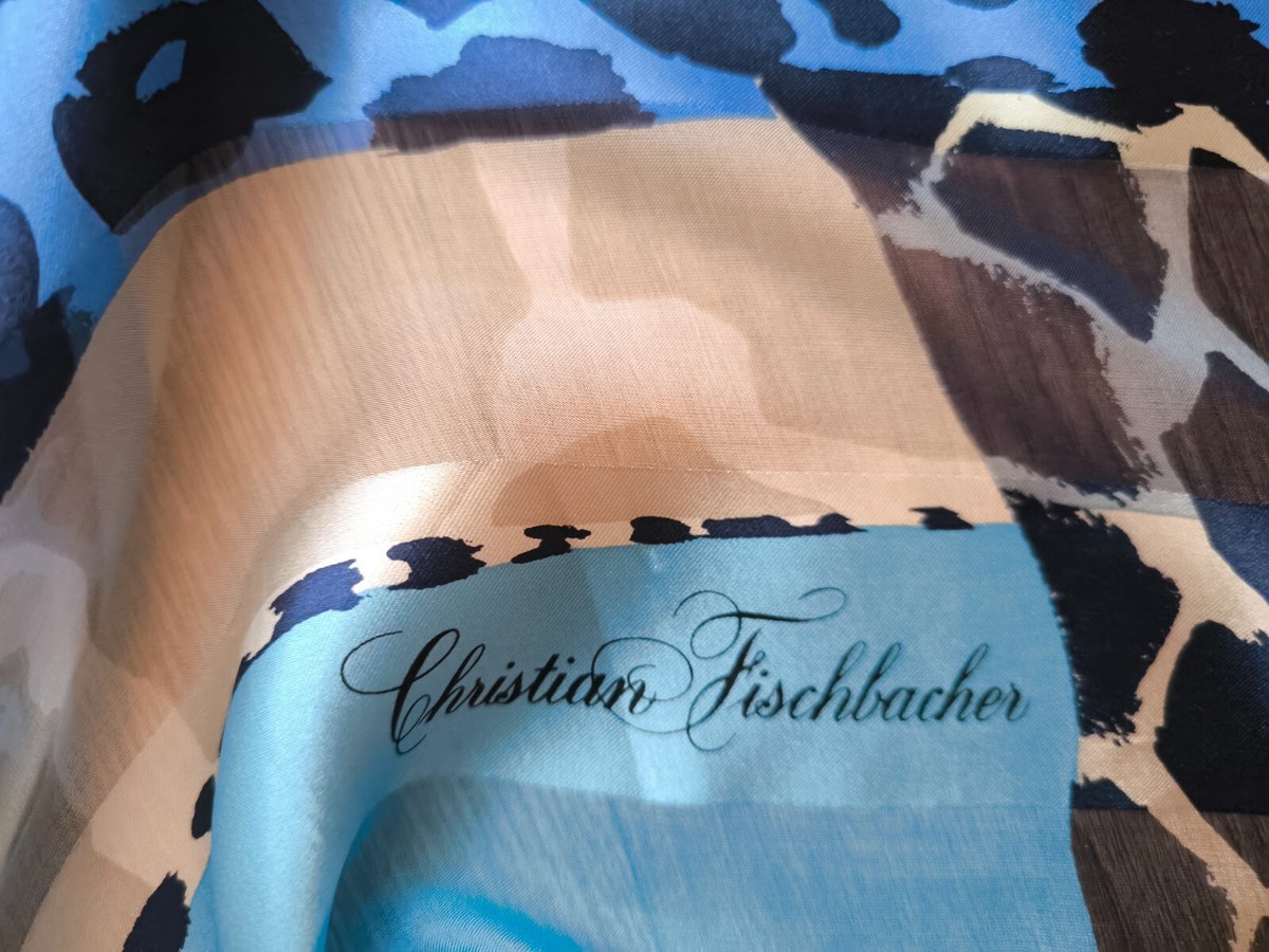 CHRISTIAN FISCHBACHER Blue silk chiffon square scarf geo animal