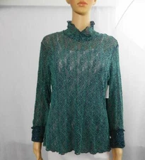 NEW Linda Lundstrom-Sweater-Mock Neck-Top Mesh Lace-Navy & Teal-Size 14 NWT