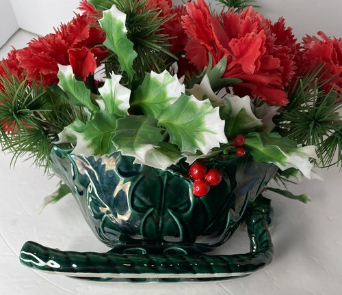 Lefton Green Holly Berry Trineo Flores Verdes Clavel Arreglo MCM De Colección - Imagen 3 de 12
