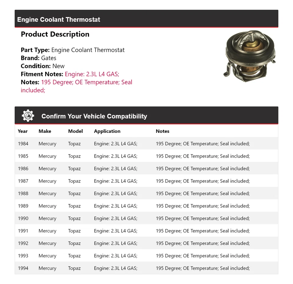 Para Mercury Topaz 1984-1994 2.3L L4 Motor Gas Refrigerante Termostato Puertas 1985 Foto 2 de 4