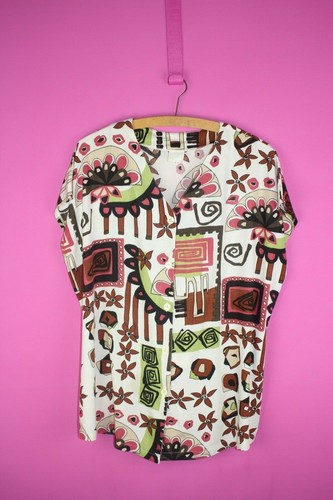 VINTAGE 90s Tie Back Floral Brown Green Retro Pattern Print Blouse Top M 12 14 - Picture 2 of 12