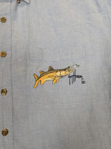Guy Harvey AFTCO Shirt Mens XL Blue Denim Fish Pocket Button Short Sleeve - Picture 3 of 9