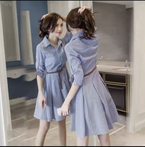 Spring summer trendy striped shirt women dress with 3/4 sleeve smart casual - Picture 3 of 4