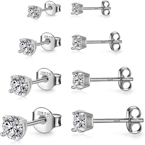 925 Sterling Silver Stud Earrings Set | White Gold Plated Hypoallergenic Stud Ea - Picture 9 of 12