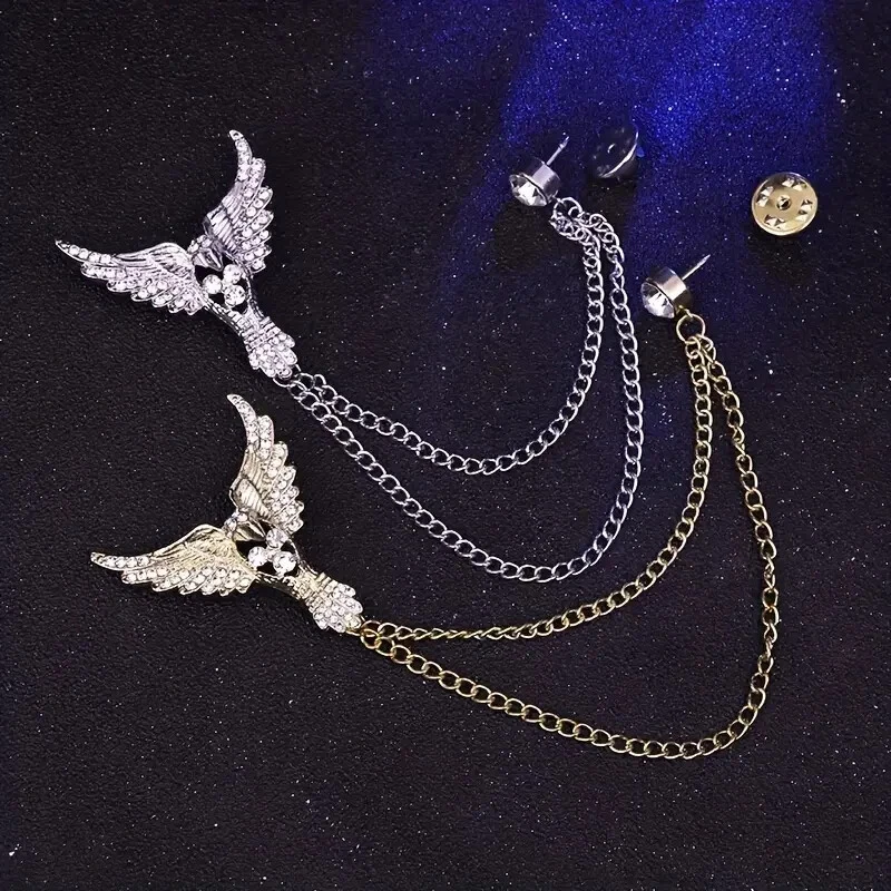 Men's Wedding Brooch Majestic Eagle Wings Chain Tassel Pass Moissanite Silver - Image 2 of 4